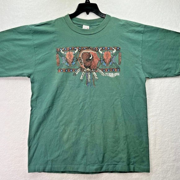 VTG Mens Green XL Little Bighorn Buffalo TShirt Alore Single stitch Made in USA - Picture 1 of 11